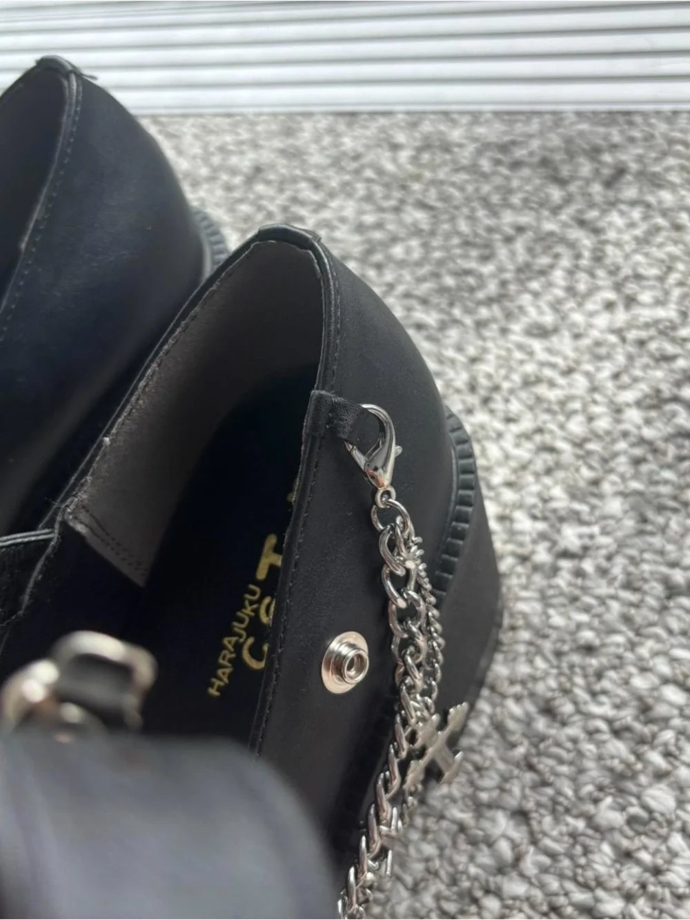 Black Platform Mary Jane Shoes with Cross Chain Accent